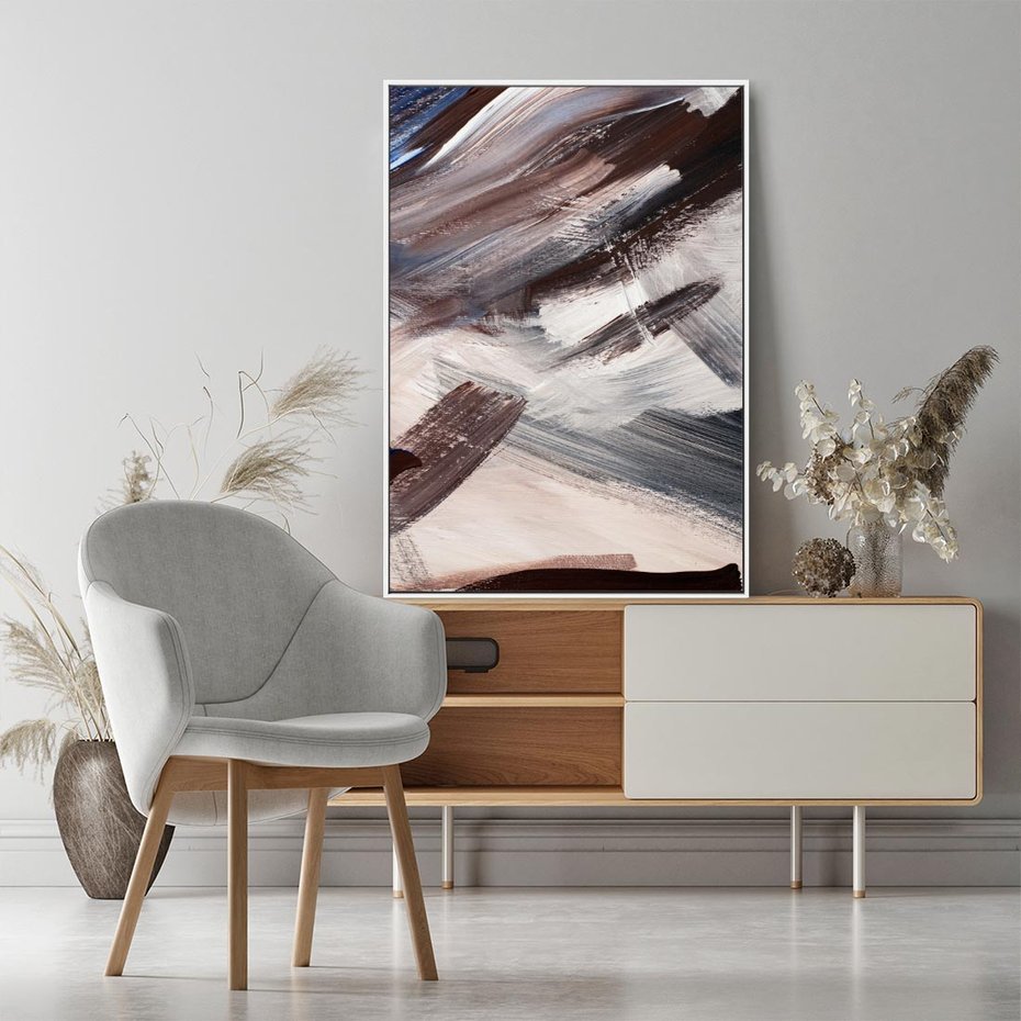 Obraz w ramie 70x100 - Eksploracja Dramaturgii - abstrakcyjny chaos, chatyczne maźnięcia pędzla - rama biała