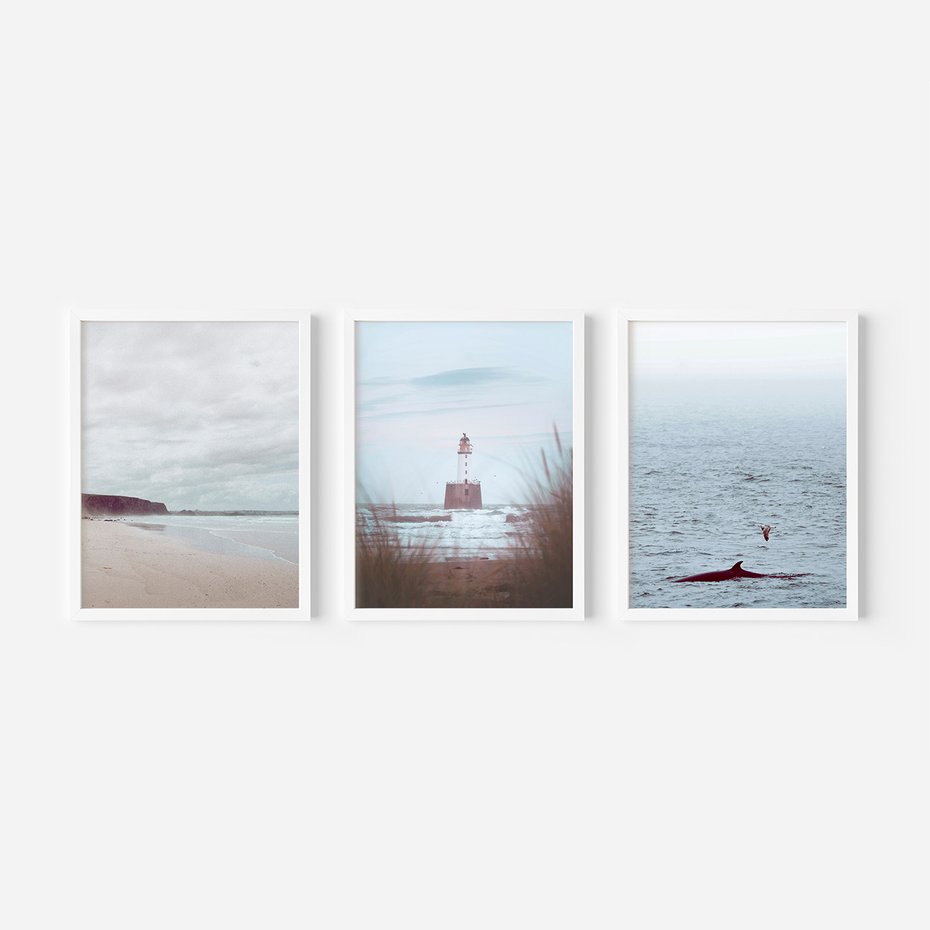 Zestaw obrazy w ramie 30x40 galeria - Latarnia, mglisty, pejzaż, morze - rama biała