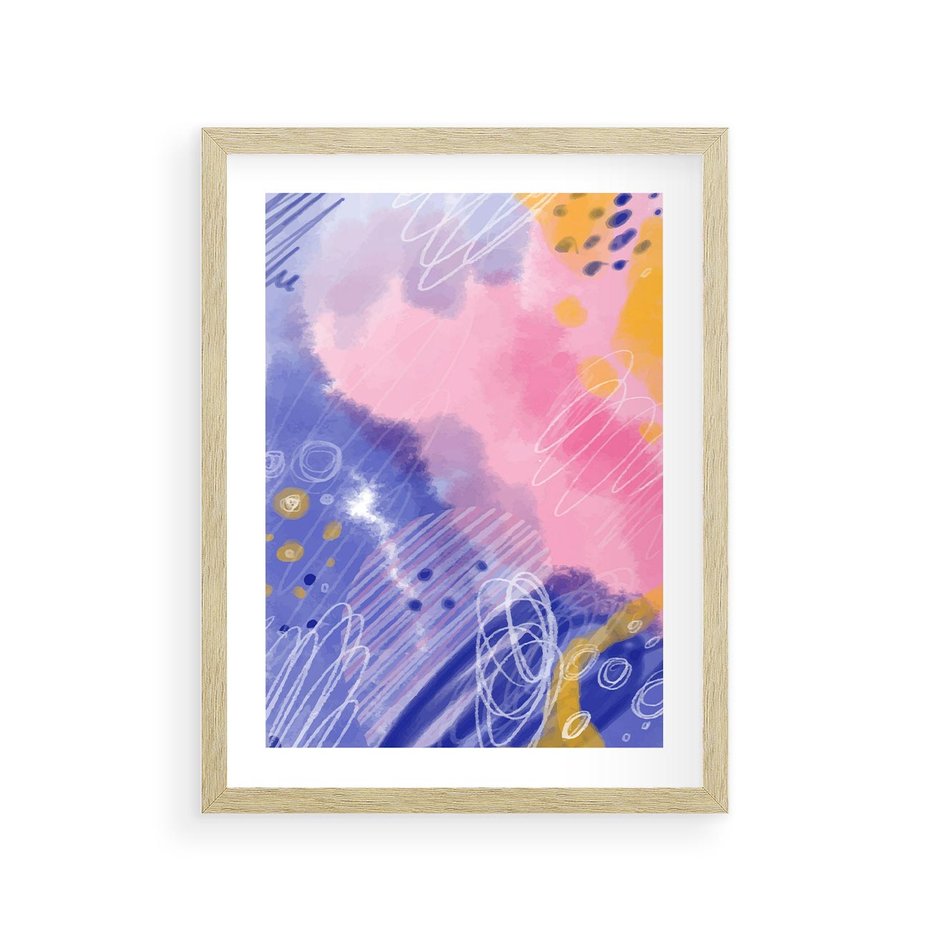 Plakat w ramie 30x40 - Migocące Granice Kształtów - abstrakcyjny plakat, pastelowe kolory - rama drewno