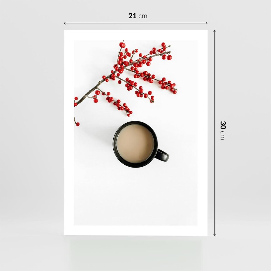 Plakat bez ramy 21x30 - Filiżanka Kawy z Gałązką Jarzębiny - kawa, gałązka jarzębiny