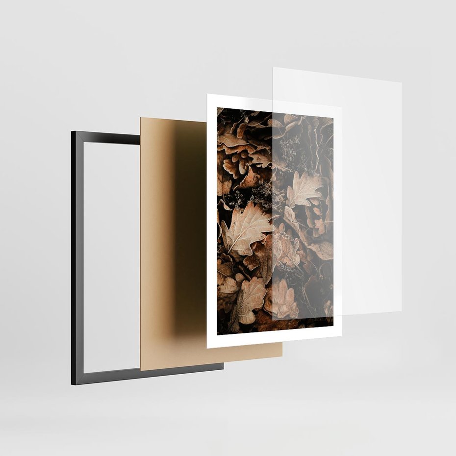 Plakat w ramie 50x70 - Jesienna Melodia: Liście i Szyszki - suche liście, szyszki - rama czarna