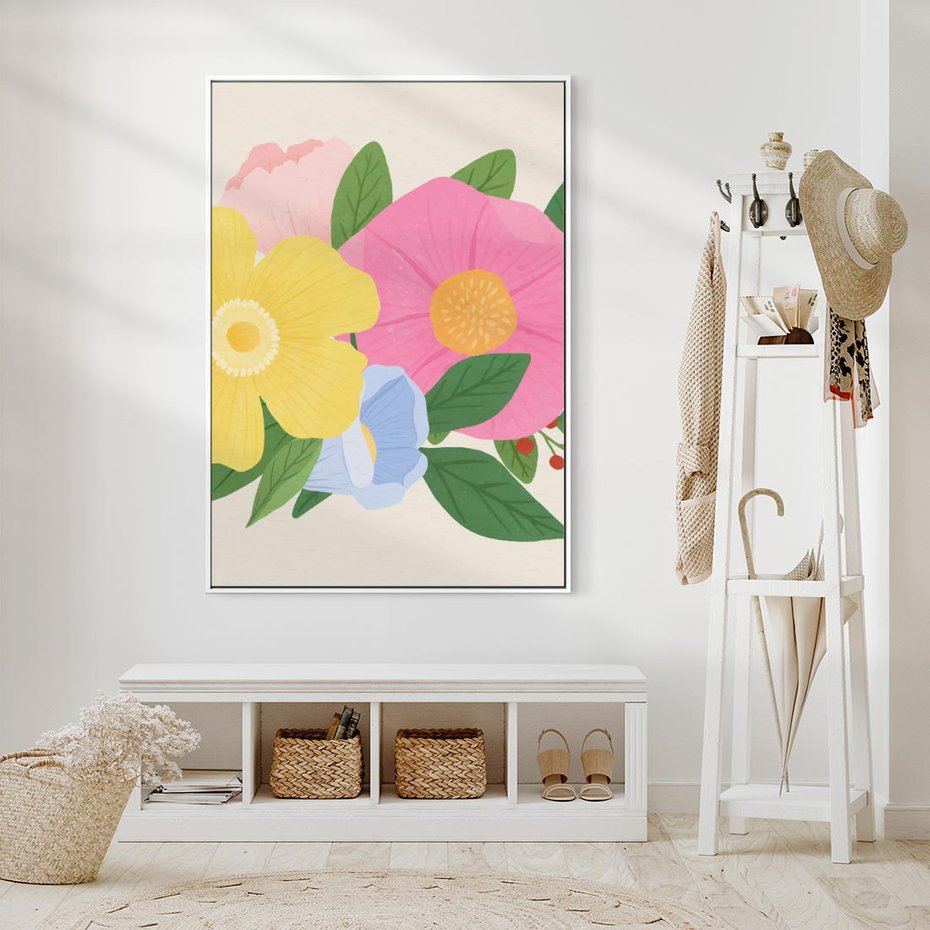 Obraz w ramie 50x70 - Kwiatowy Uśmiech - kwiaty, akwarela - rama biała