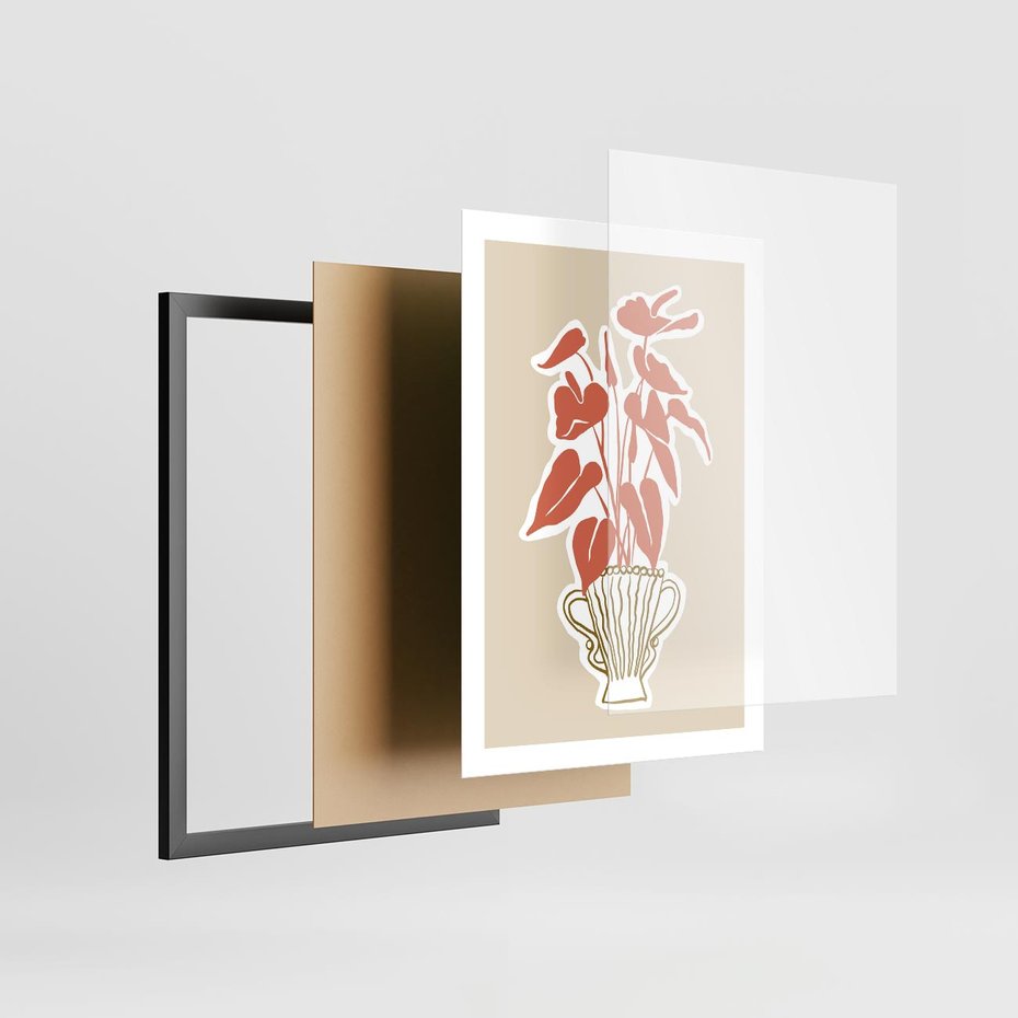 Plakat w ramie 50x70 - Harmonijne Echa - abstrakcyjne kwiaty liście, elegancka kompozycja - rama czarna