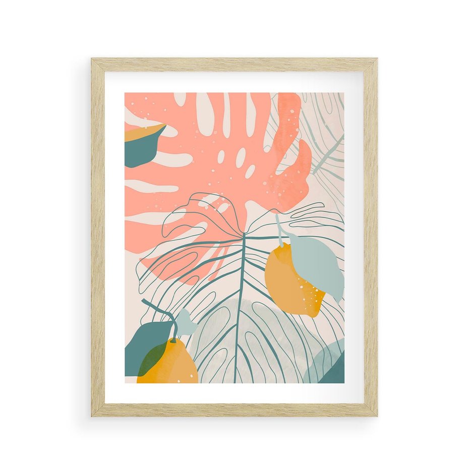 Plakat w ramie 40x50 - Sztuka Natury: Liście Monstery w Pastelach - nowoczesna grafika, pastelowe liście monstery - rama drewno