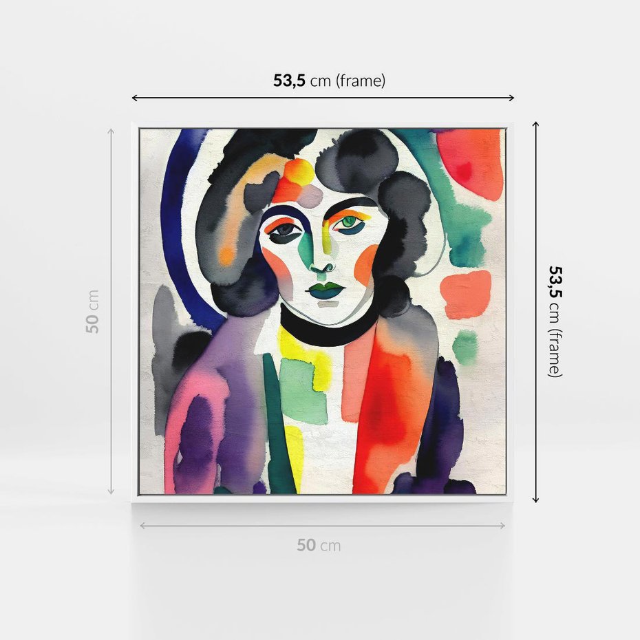 Obraz w ramie 50x50 - Subtelne Akwarelowe Ulotności - abstrakcyjny akwarelowy portret kobiety, rozmyte farby - rama biała