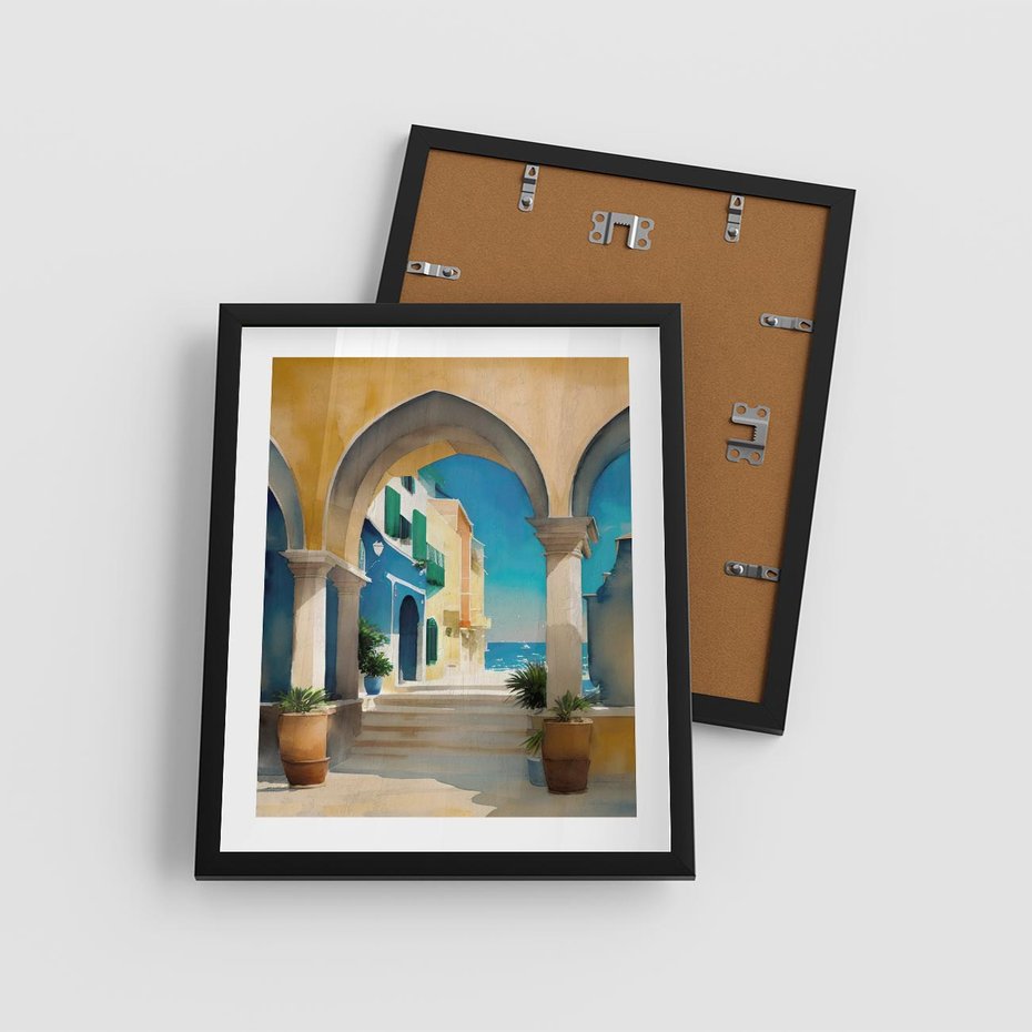 Plakat w ramie 40x50 - Nadmorskie Łuki - akwarela, śródziemnomorski klimat - rama czarna