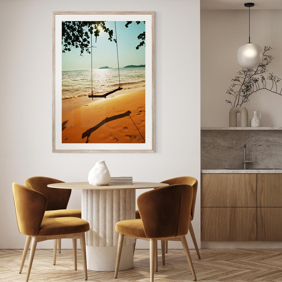 Plakat w ramie 30x40 - Tropikalna plaża i huśtawka - plaża, tropiki - rama drewno
