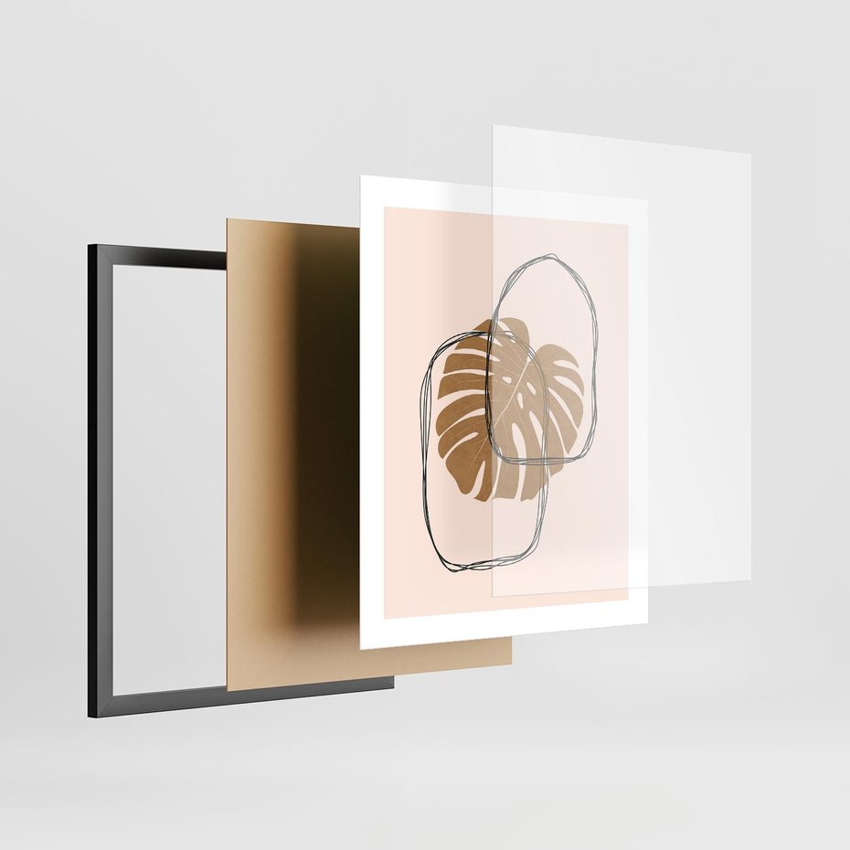 Plakat w ramie 40x50 - Liście w Beżowym Minimalizmie - minimalistyczny obraz, liście monstery - rama czarna