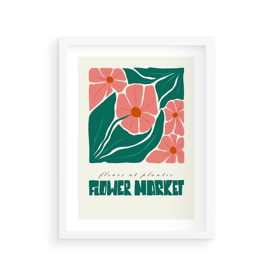 Plakat w ramie 30x40 - Retro Inspiracja - minimalistyczna kwiatowa kompozycja, pastelowe kolory - rama biała