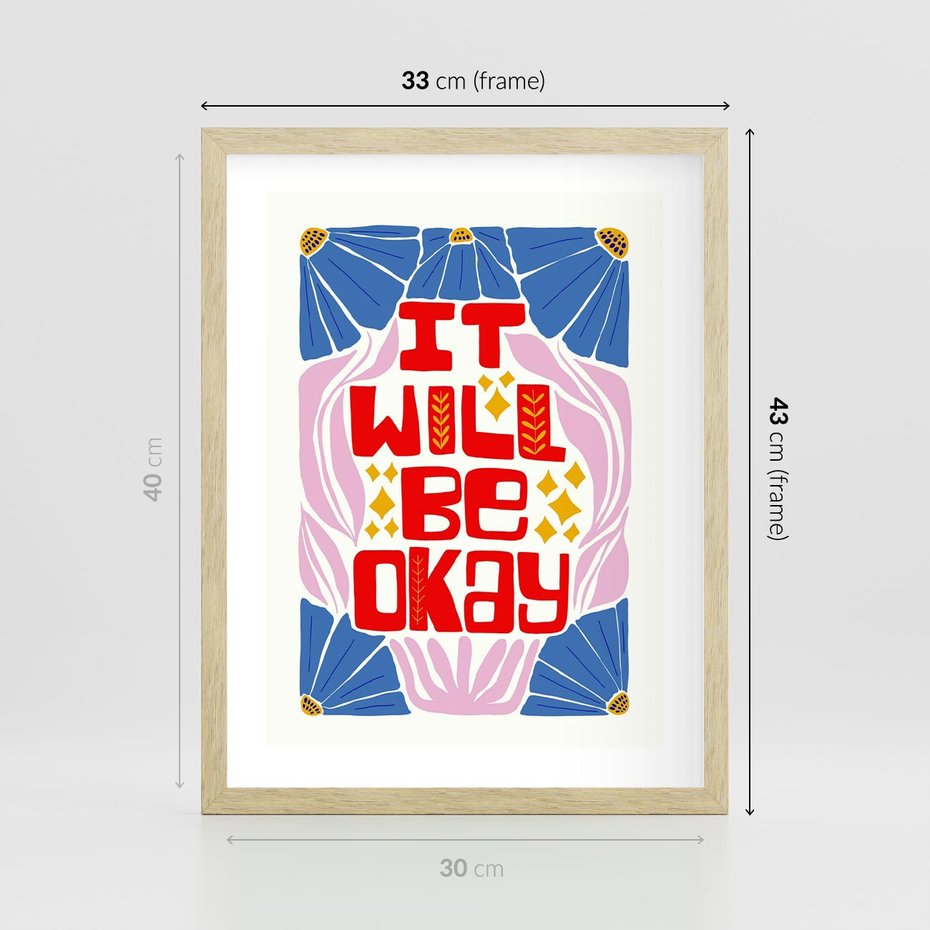 Plakat w ramie 30x40 - Kwiatowa Ekstaza - czerwona pozytywna typografia, kwiatowa kompozycja - rama drewno