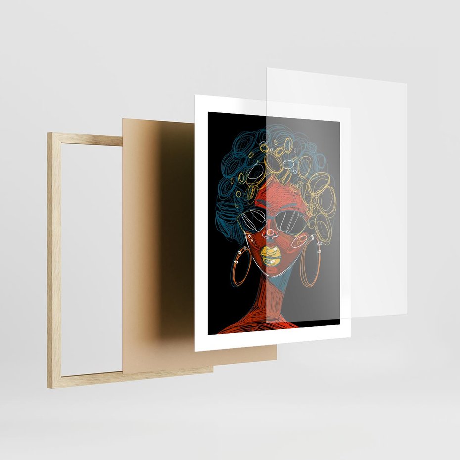 Plakat w ramie 40x50 - Kolorowe Wibracje Rzeczywistości - abstrakcyjny portret kobiety, twarz - rama drewno