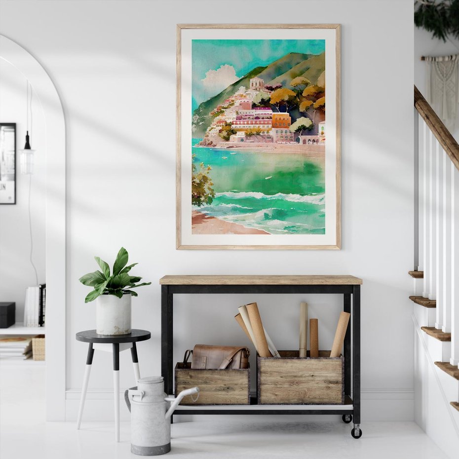 Plakat w ramie 50x70 - Na Zboczu - akwarela, nadmorski pejzaż - rama drewno