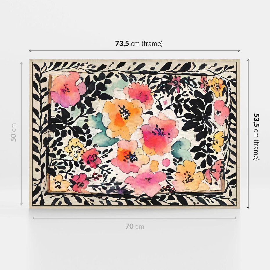 Obraz w ramie 70x50 - Opowieść w kroplach farb - akwarelowe kwiaty, mocna ornamentowa czarna ramka namalowana dookoła obrazu - rama drewno