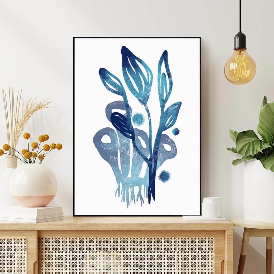 Obraz w ramie 50x70 - Akwarelowy Błękit - pastelowy, abstrakcyjny plakat - rama czarna