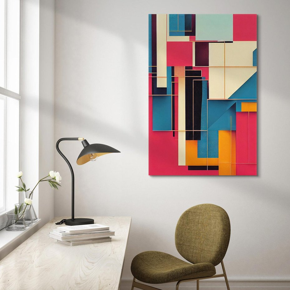 Obraz na płótnie 50x70 - Przejście przez labirynt myśli - kolorowa abstrakcja, instalacja z prostokątów i linni