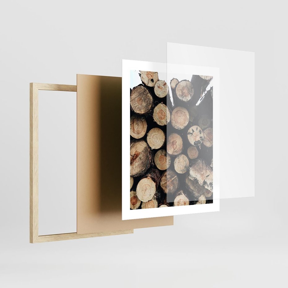 Plakat w ramie 40x50 - Siła Drewna - ścięte drewno, belki drewna ułożone jedna na drugiej - rama drewno