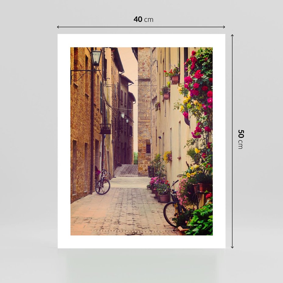 Plakat bez ramy 40x50 - Rowerowa przygoda w uliczkach pełnych perspektywy - uliczka, perspektywa
