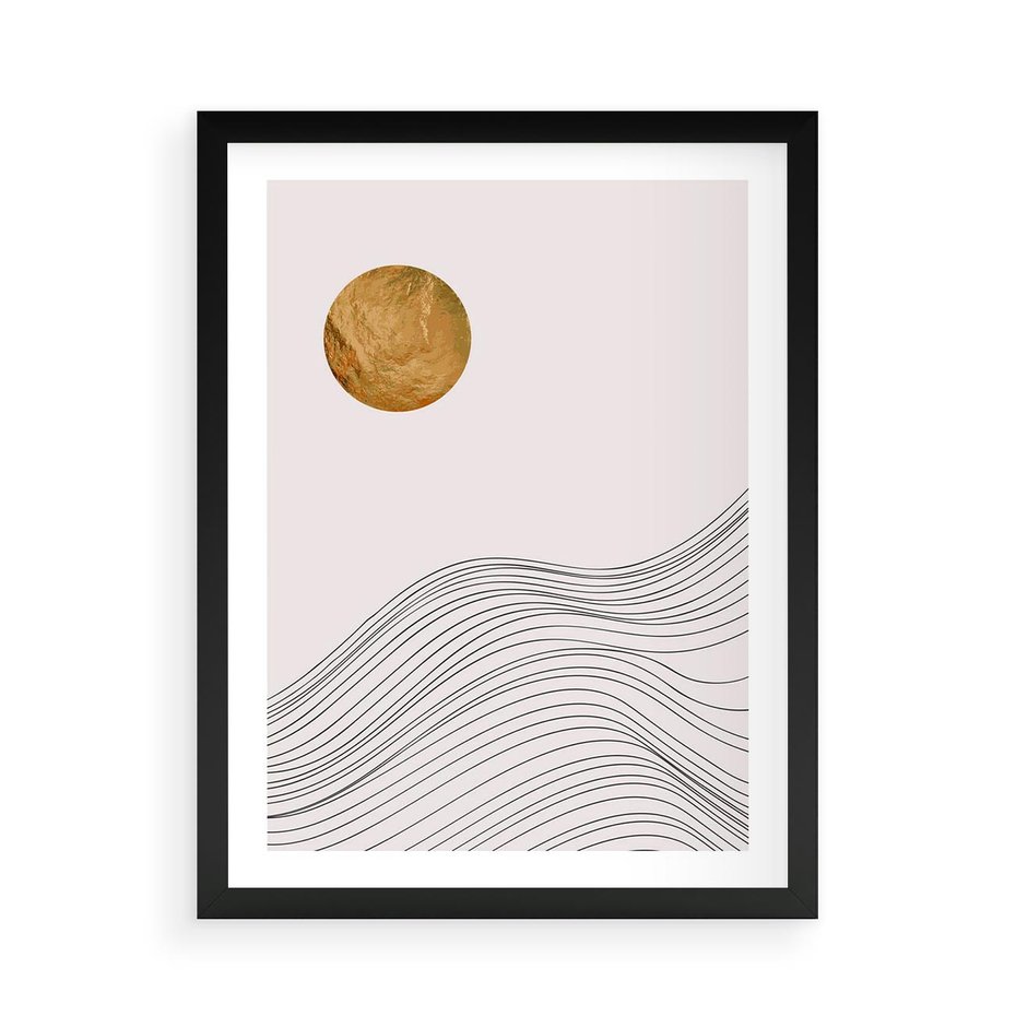 Plakat w ramie 50x70 - Minimalistyczne Słońce: Blask i Złoto - grafika, minimalizm - rama czarna