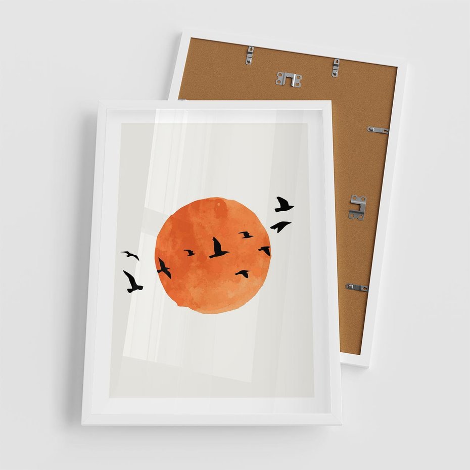 Plakat w ramie 50x70 - Zachód Słońca i Ptaki - grafika akwarela, czarne ptaki na tle zachodu słońca - rama biała