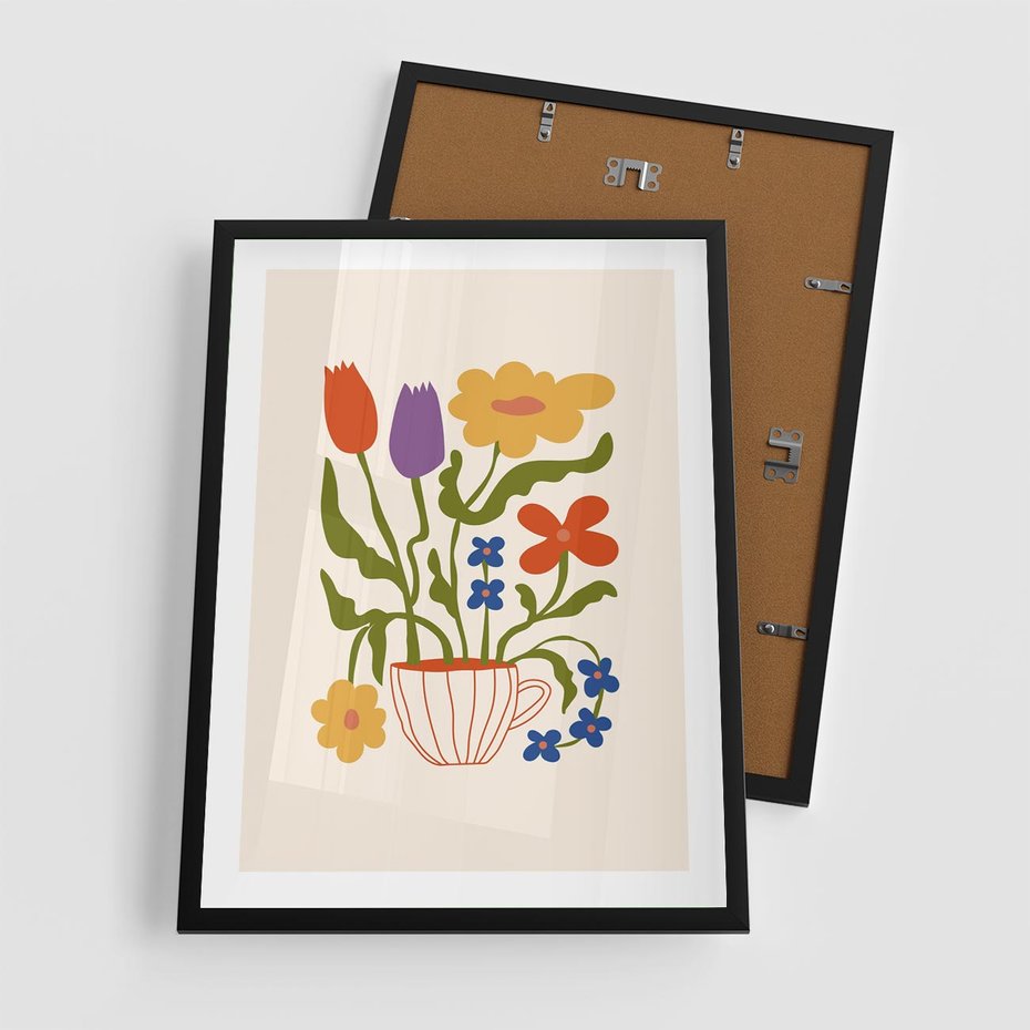 Plakat w ramie 50x70 - Kolorowe Granice - kwiaty w filizance, abstrakcja - rama czarna