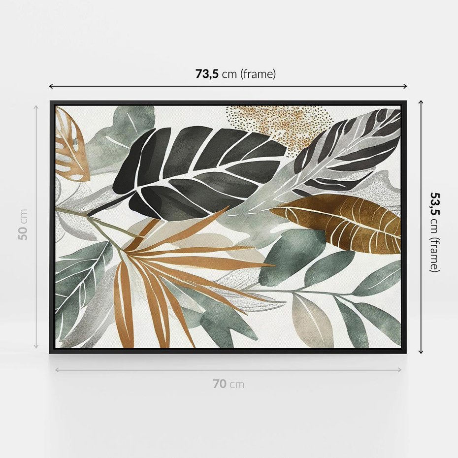 Obraz w ramie 70x50 - Współbrzmienie wewnętrznego ja - kompozycja z tropikalnych liści, stonowane kolory - rama czarna