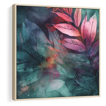 Obraz w ramie 80x80 - Subtelne Zielone - pastelowe zielone liście, róż - rama drewno