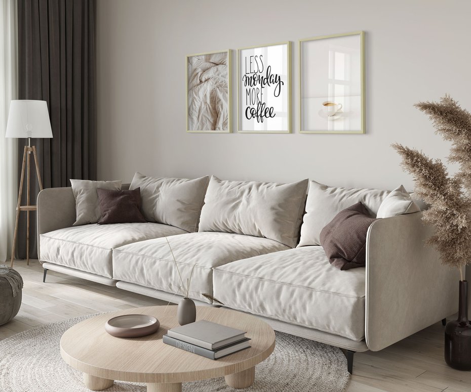 Zestaw obrazy w ramie 50x70 galeria - Kawa, łóżko, pościel, minimalizm - rama drewno