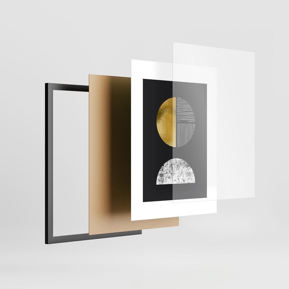 Plakat w ramie 50x70 - Złote Koła i Geometryczne Formy - grafika, modern - rama czarna