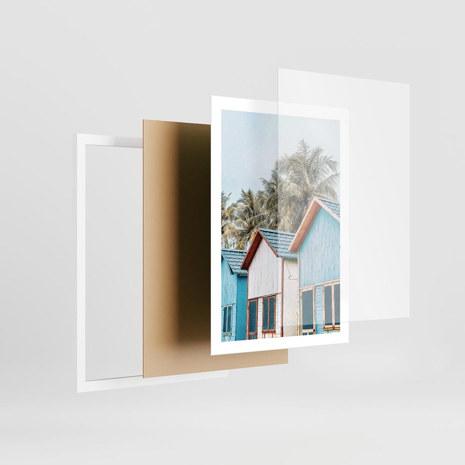 Plakat w ramie 50x70 - Rajskie Wakacje - domki na plaży, błękitne domki - rama biała