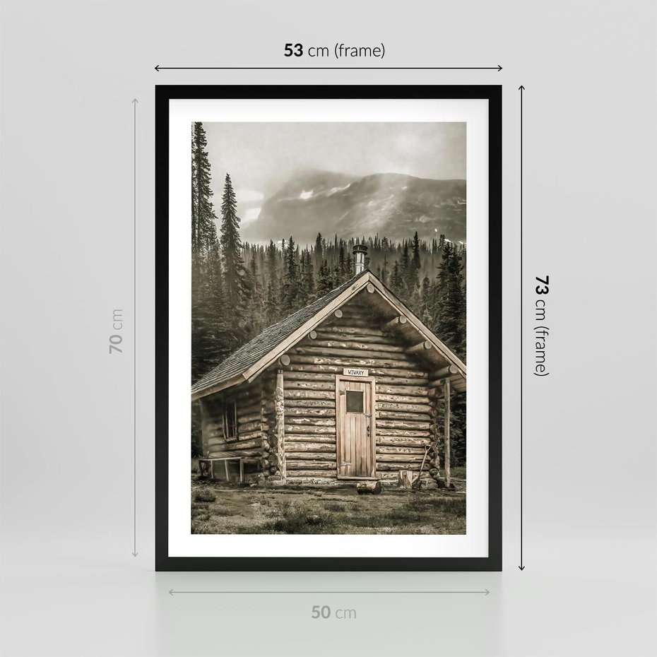 Plakat w ramie 50x70 - Urok Drewnianej Chatki w Górach - chatka w górach, drewniany domek - rama czarna