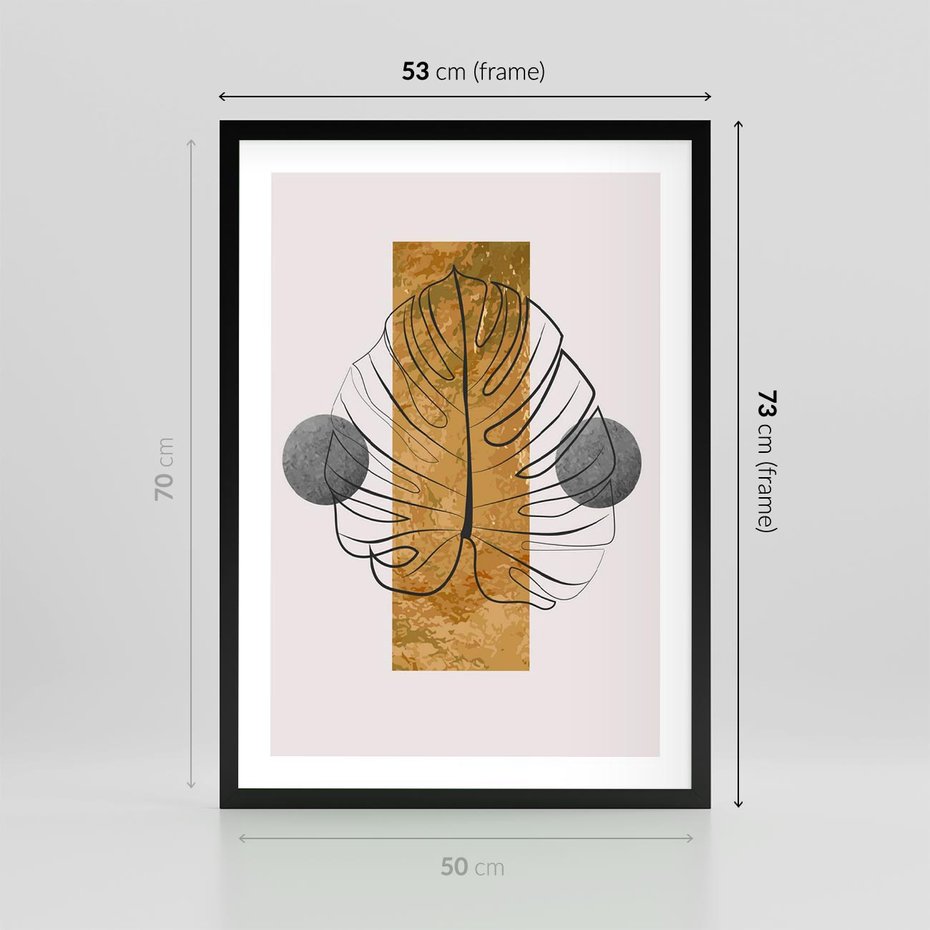Plakat w ramie 50x70 - Minimalistyczna Monstera: Złoty Prostokąt - liść monstery, minimalizm - rama czarna