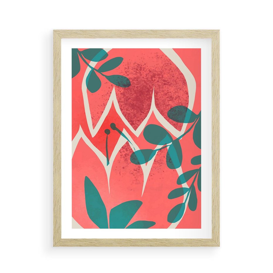 Plakat w ramie 50x70 - Migotliwe Kształty Plam - nowoczesny plakat, abstrakcyjne kwiaty - rama drewno