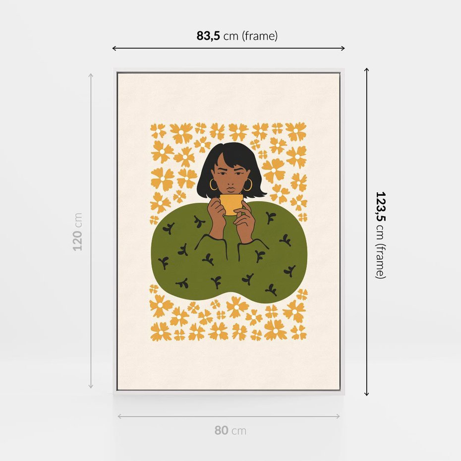 Obraz w ramie 80x120 - Wewnętrzne Fale - nowoczesny plakat, kobieta otoczona liśćmi - rama biała