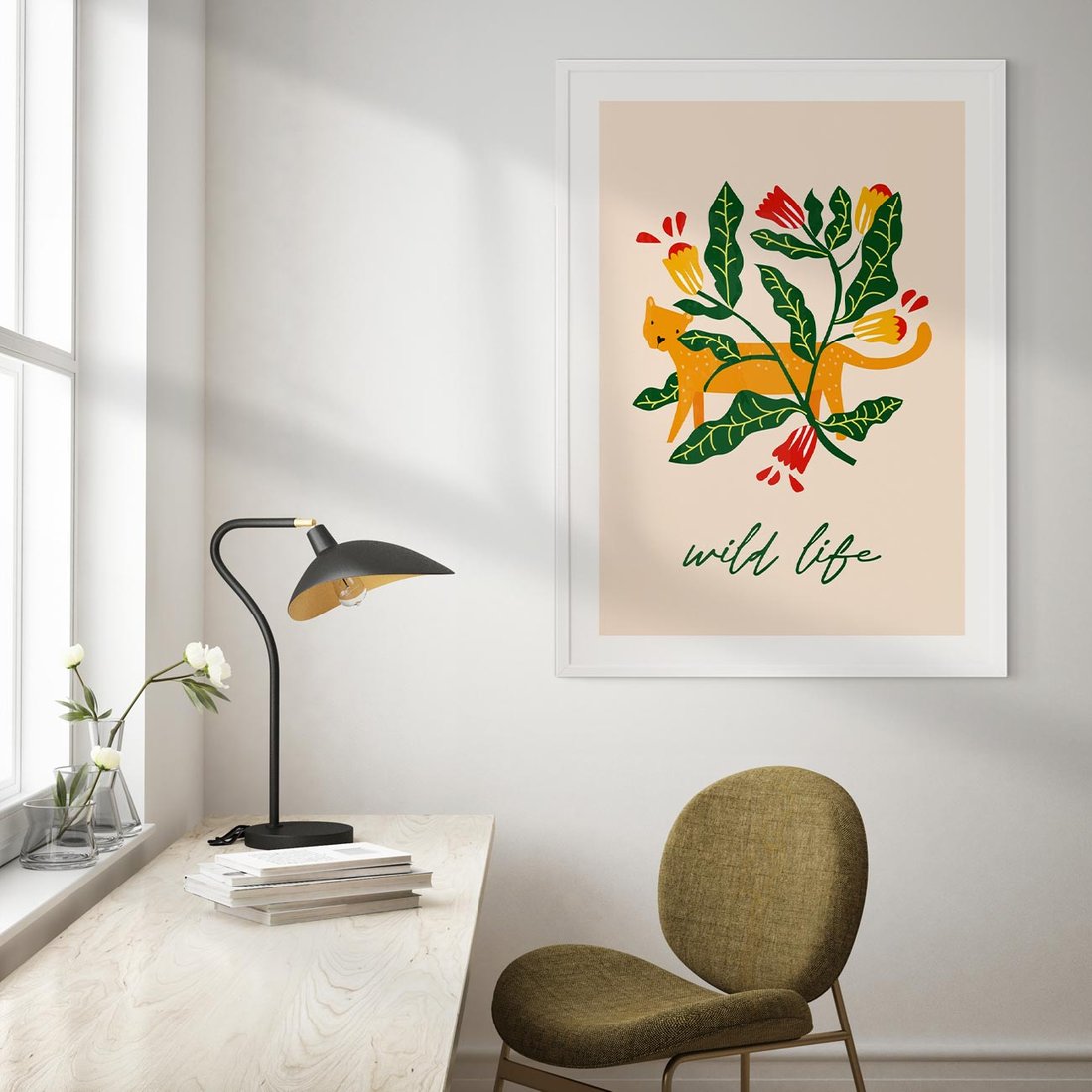 Plakat w ramie 50x70 - Tygrys w Kwiatach - tygrys, plakat - rama biała