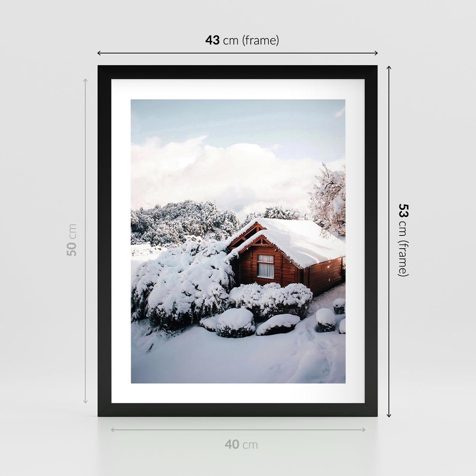 Plakat w ramie 40x50 - Zimowa Idylla w Górach - zima w górach, ośnieżone góry - rama czarna