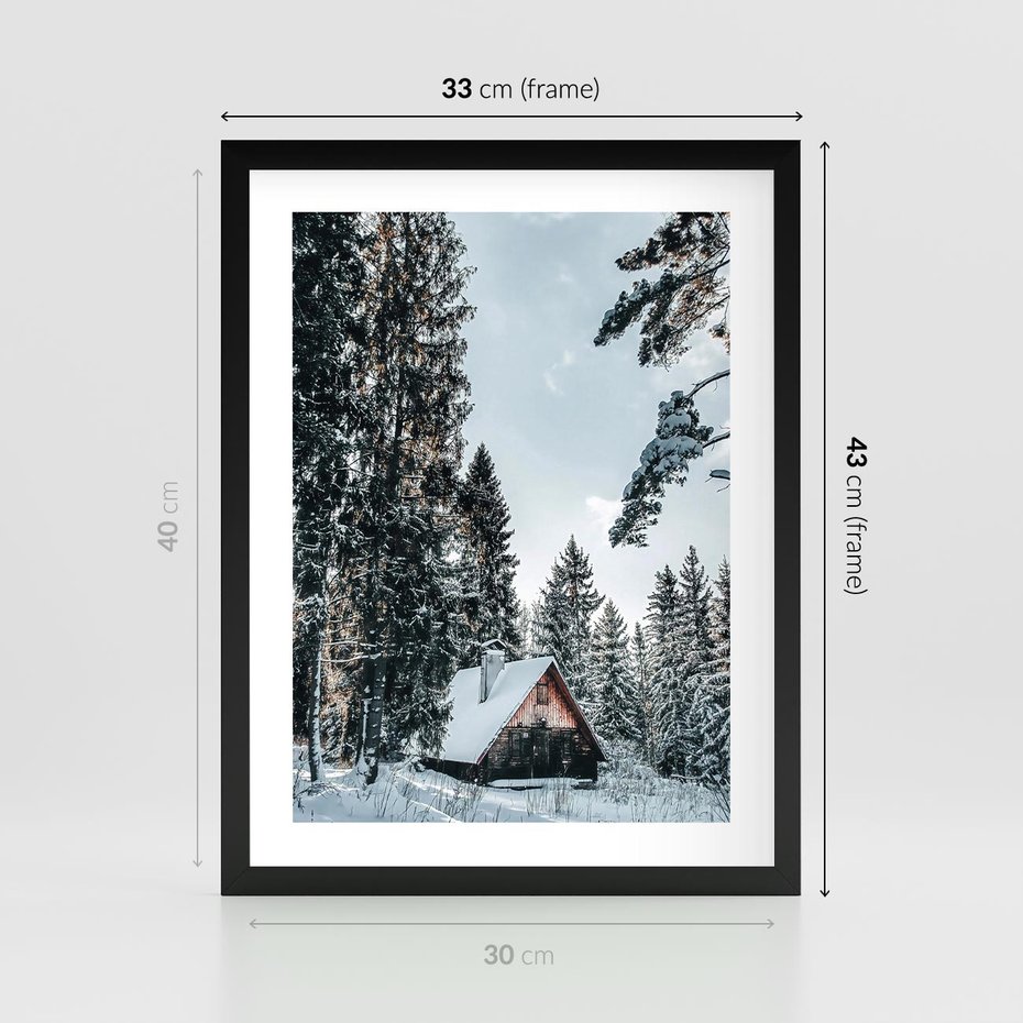 Plakat w ramie 30x40 - Górska Uroda Zimą: Dom w Śniegu - domek w górach, zima - rama czarna