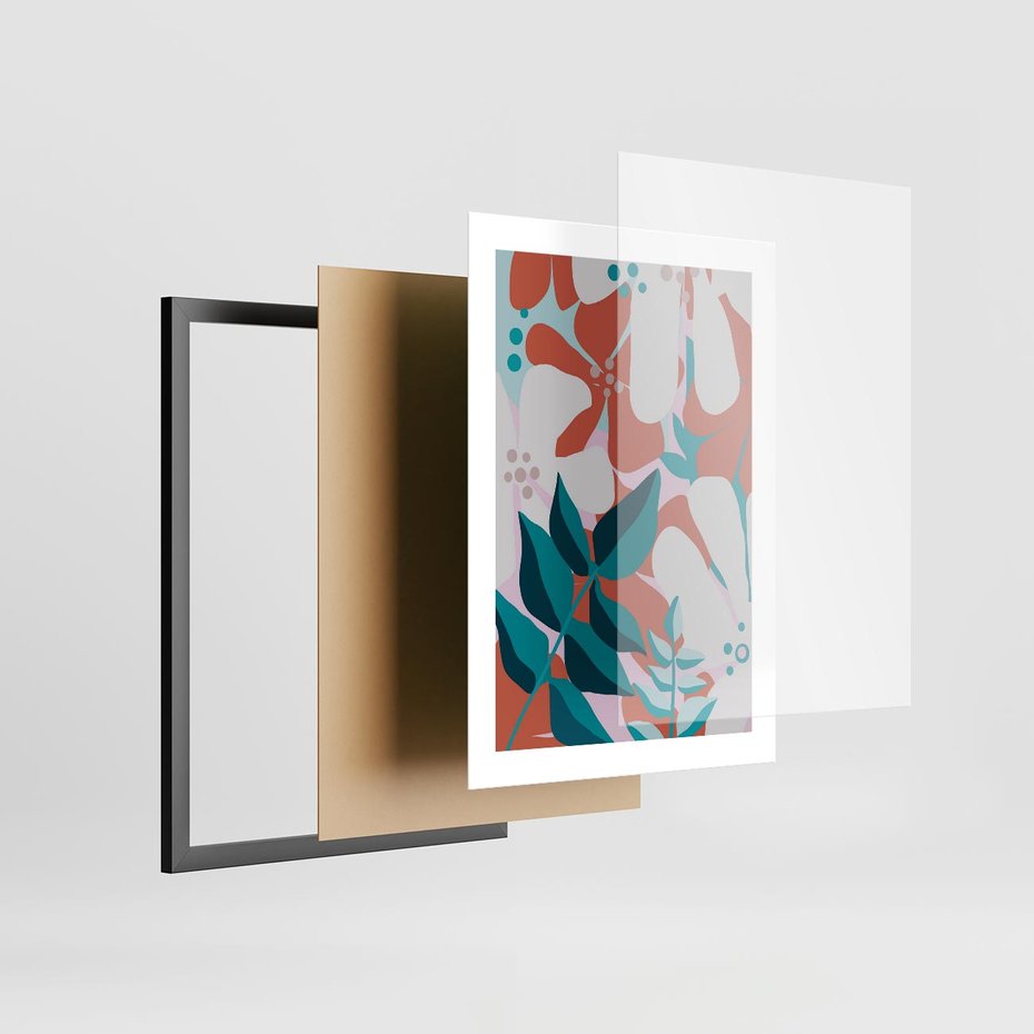 Plakat w ramie 30x40 - Harmonijne Formy - abstrakcyjna kompozycja kwiatowych form, kolor zgaszone - rama czarna