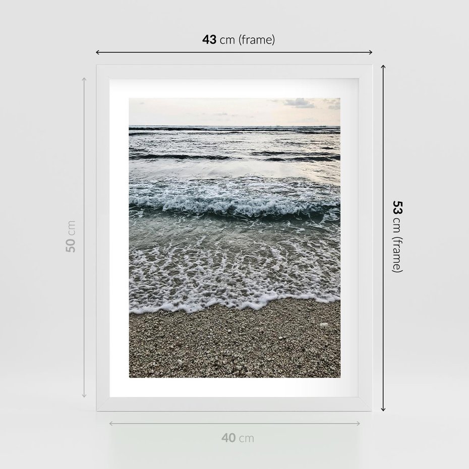 Plakat w ramie 40x50 - Spokojna Plaża - plaża, żwirek - rama biała