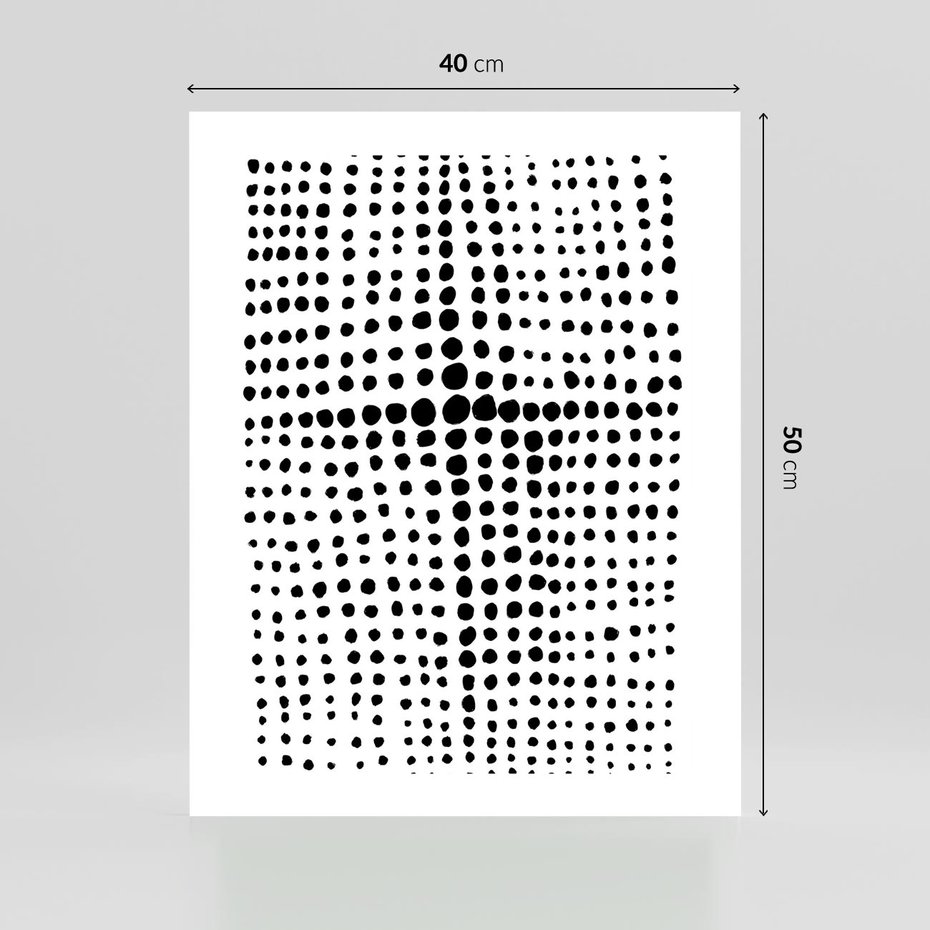 Plakat bez ramy 40x50 - Refleksje Monochromatycznych Widoków - abstrakcyjna kompozycja z czarnych kropek, minimalistyczny czarno bialy plakat