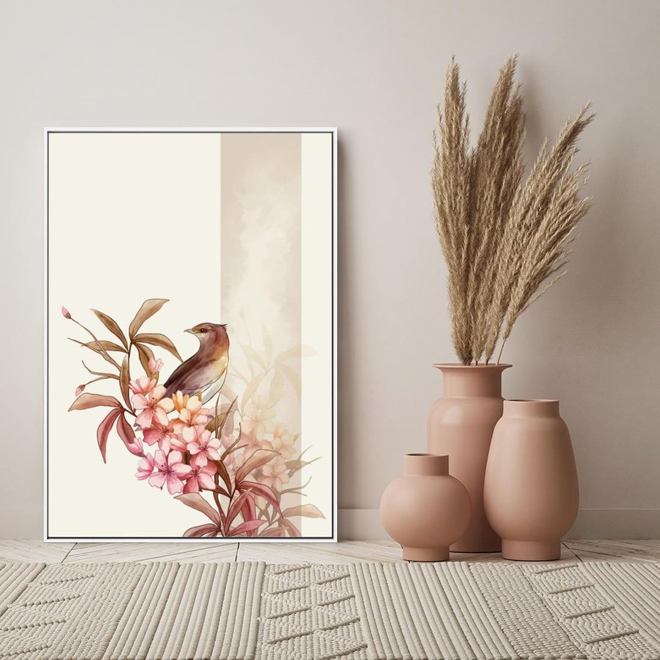 Obraz w ramie 80x120 - Kwiatowe Zanurzenie - japońska sztuka, ptak - rama biała