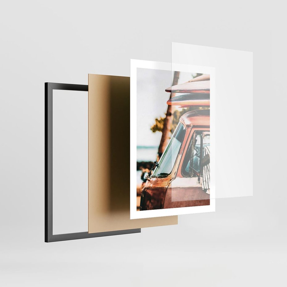 Plakat w ramie 50x70 - Surfingowa Wolność - samochód, stary van - rama czarna