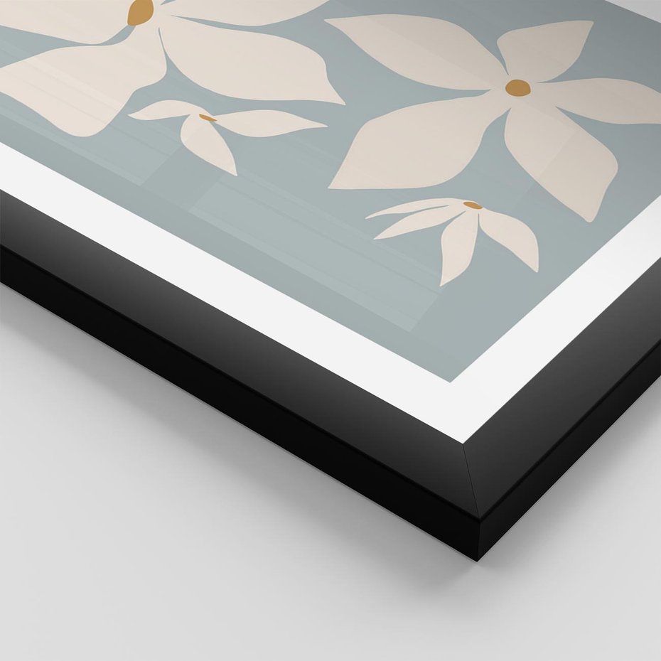 Plakat w ramie 30x40 - Błękit Kwiatów - kwiaty, nowoczesne i minimalistyczne - rama czarna