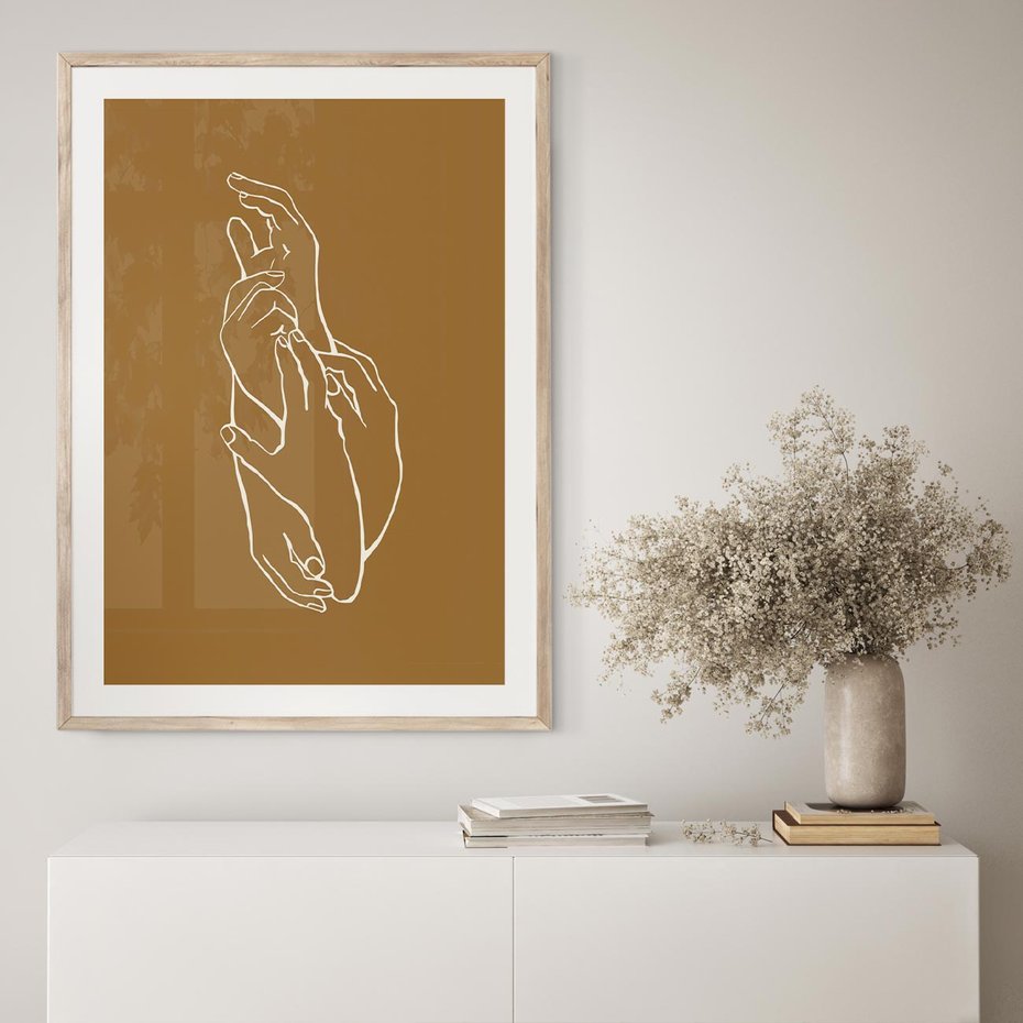 Plakat w ramie 40x50 - Splecione Dłonie - szkic, minimalizm - rama drewno