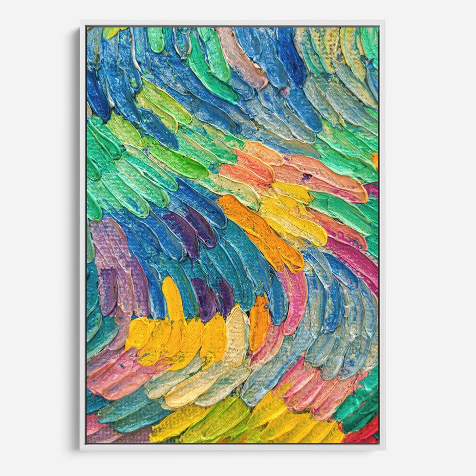 Obraz w ramie 50x70 - Egzotyczne Pióra - abstrakcyjne dzieło, farby olejne - rama biała