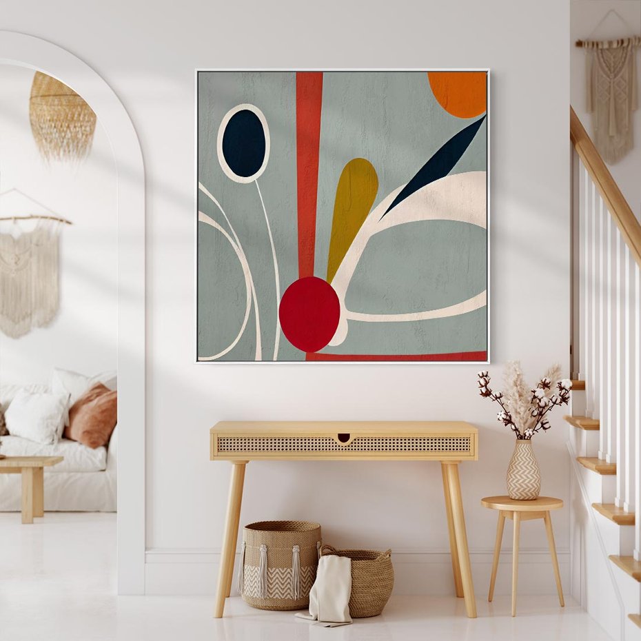 Obraz w ramie 50x50 - Harmonia Kolorowych Impulsów - abstrakcyjny obraz olejny, dziwne formy - rama biała