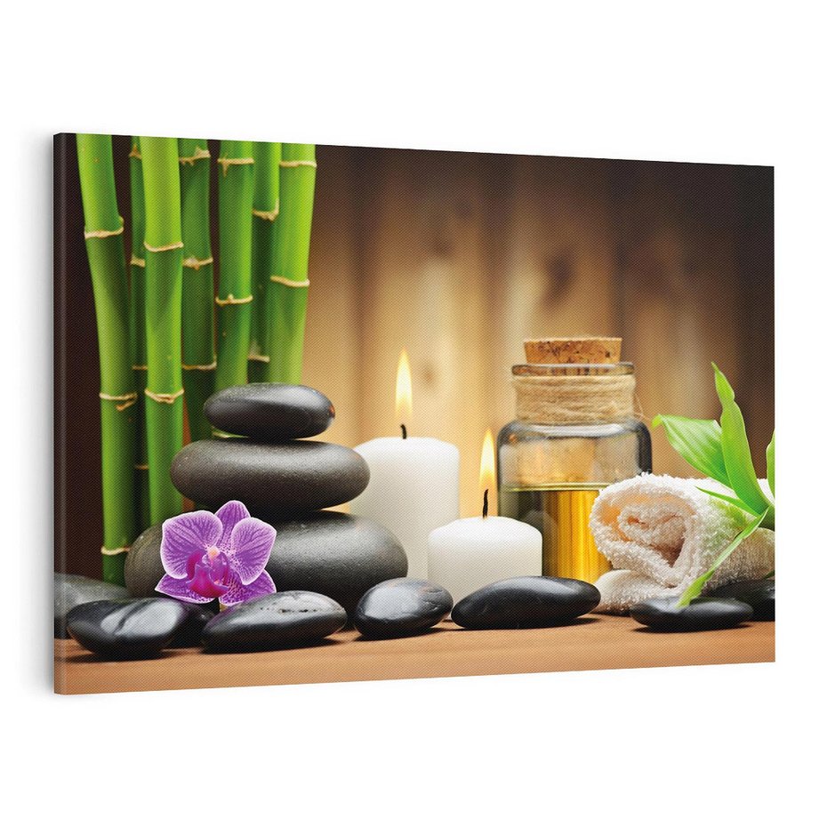 Obraz na płótnie 100x70 - Spokojny zakątek SPA z bambusem i kamieniami - bambus, kamienie