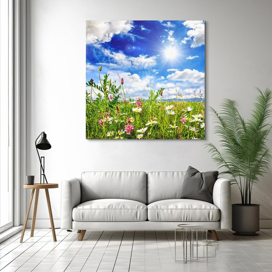 Obraz na płótnie 30x30 - Niebiańska łąka pełna kwiatów - łąka, niebo