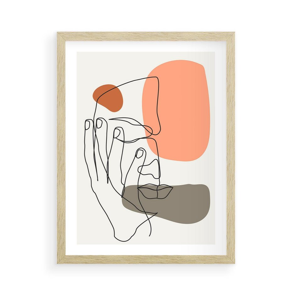 Plakat w ramie 50x70 - Ekspresja Kolorów: Szkic - one line szkic twarzy, kolorowe plamy - rama drewno