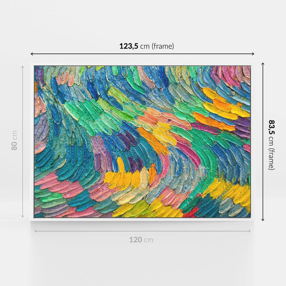 Obraz w ramie 120x80 - Egzotyczne Pióra - abstrakcyjne dzieło, farby olejne - rama biała