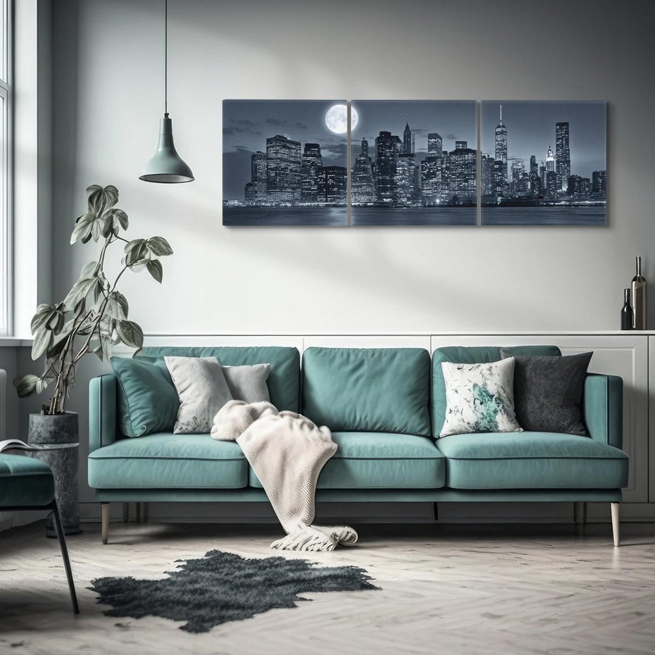 Obraz na płótnie 150x50 - Księżyc nad miastem nocą - księżyc, miasto